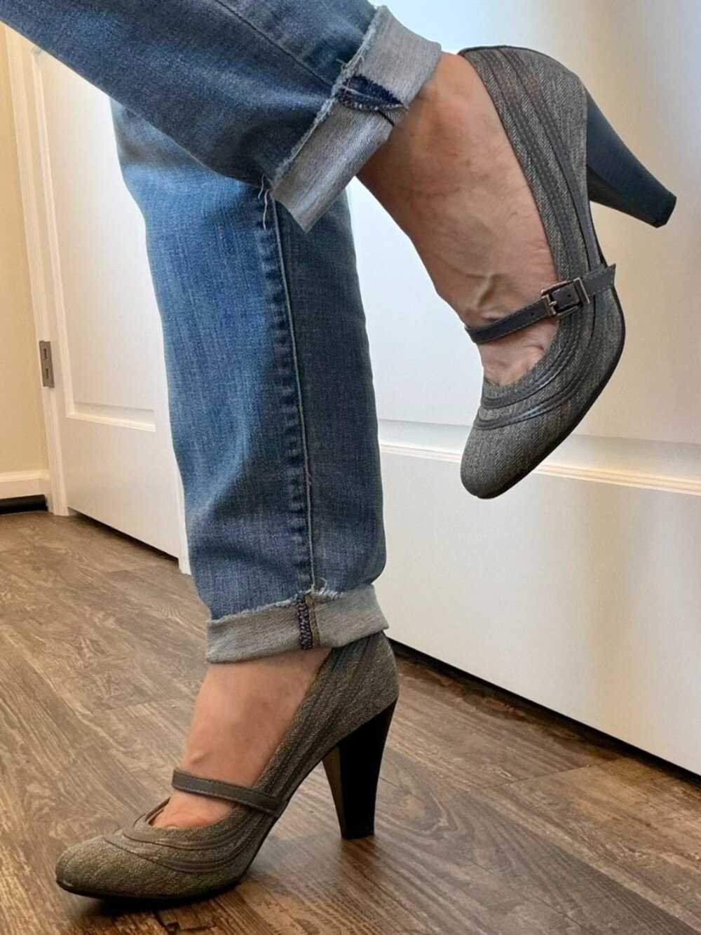 LifeStride Velocity Bimala Tweed Mary Jane Heels – Gray, Size 7 with Memory Foam